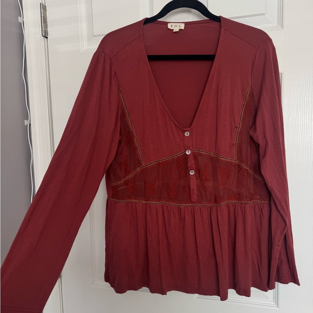POL Anthropologie Boho‎ Peplum Peasant Top Blouse Lace Size L Burgundy Womens